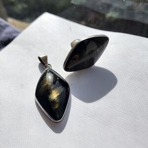 Bold Obsidian And Silver Ring And Pendant